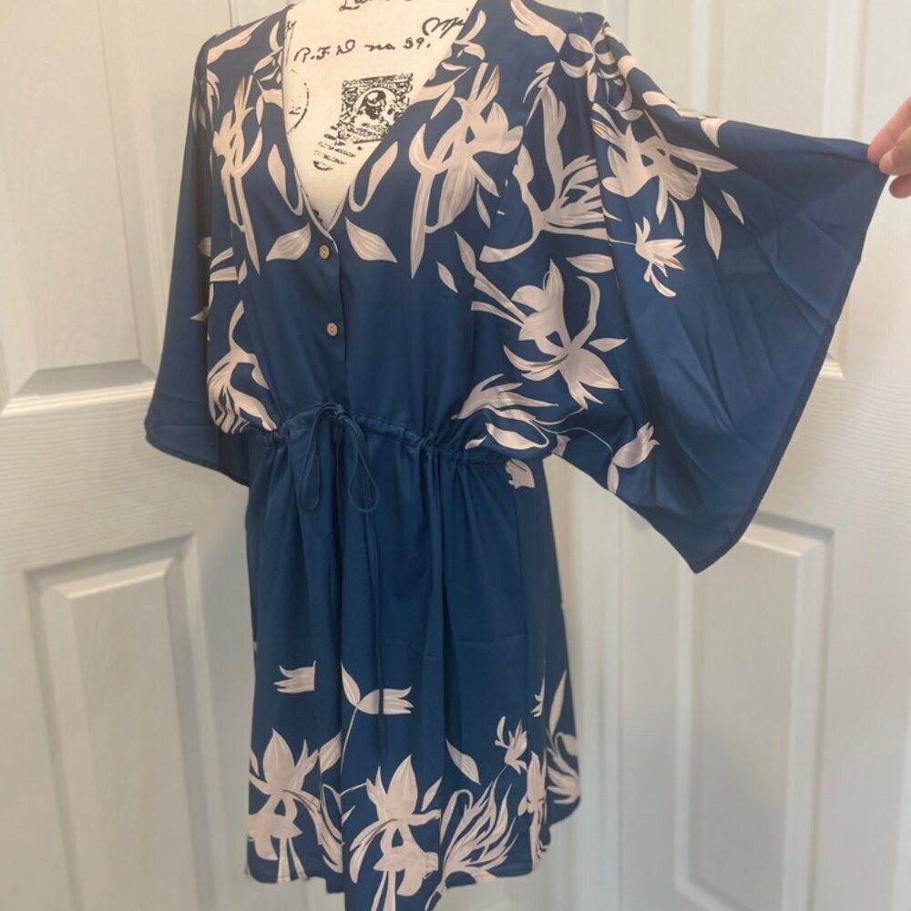CUPSHE DRESS OVERSIZED SZ M  FLARED SLEEVES NAVY BLUE TAN BEACHY CHIC SUMMER - Picture 10 of 16